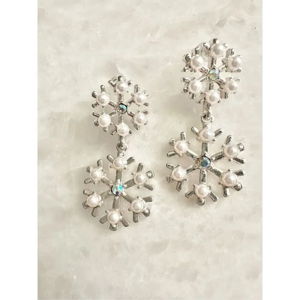 Iridescent snowflake with pearl dangle earrings